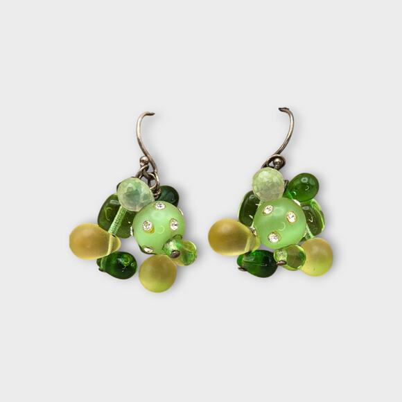 Green Glass Bead Cluster Dangle Earrings Rhinestone Accent - Picture 6 of 8